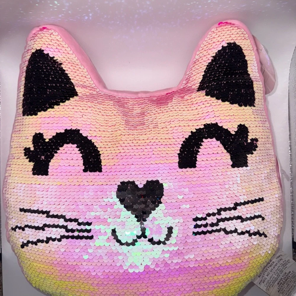 Love2Design Pink Flip Sequin Cat Pillow Iridescent Reversible Cushin